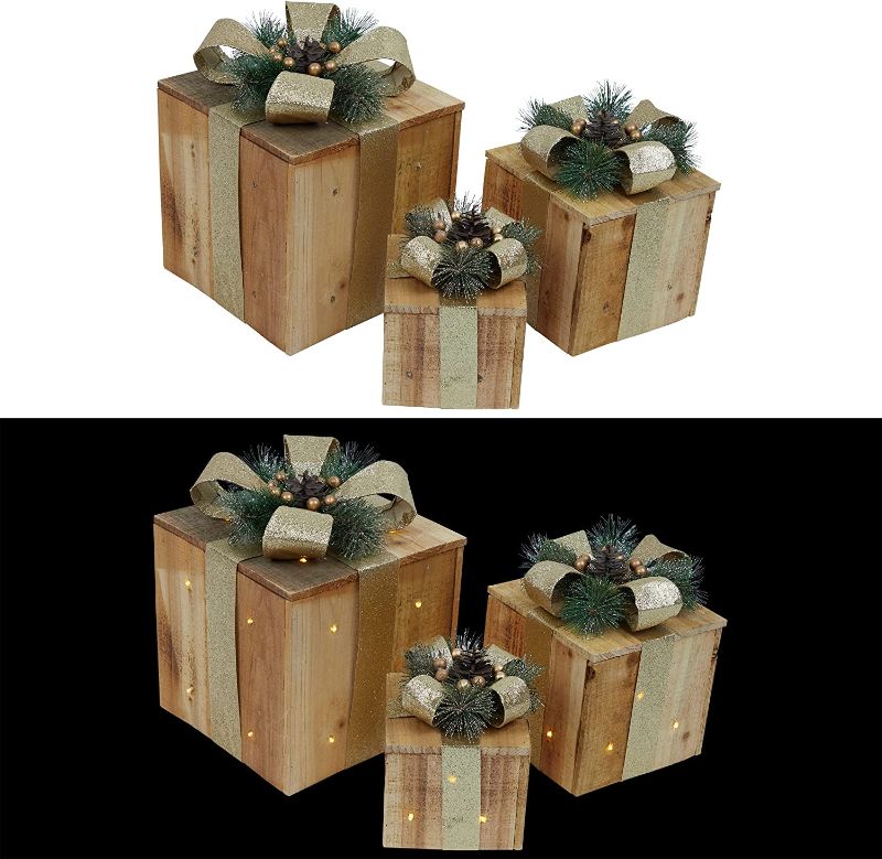 Photo 1 of Alpine Corporation 3-Piece Wooden Gift Box Christmas Decor with LED Lights, Gold
