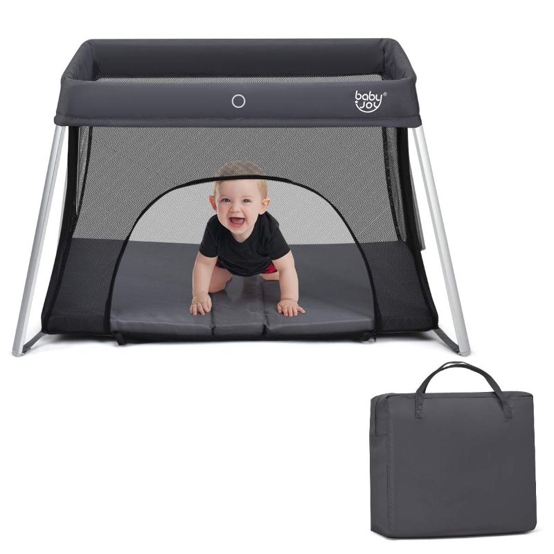 Photo 1 of BABY JOY Baby Foldable Travel Crib, 2 in 1 Portable Playpen with Soft Washable Mattress, Side Zipper Design, Lightweight Installation-Free Home Playard with Carry Bag, for Infants & Toddlers (Grey)
