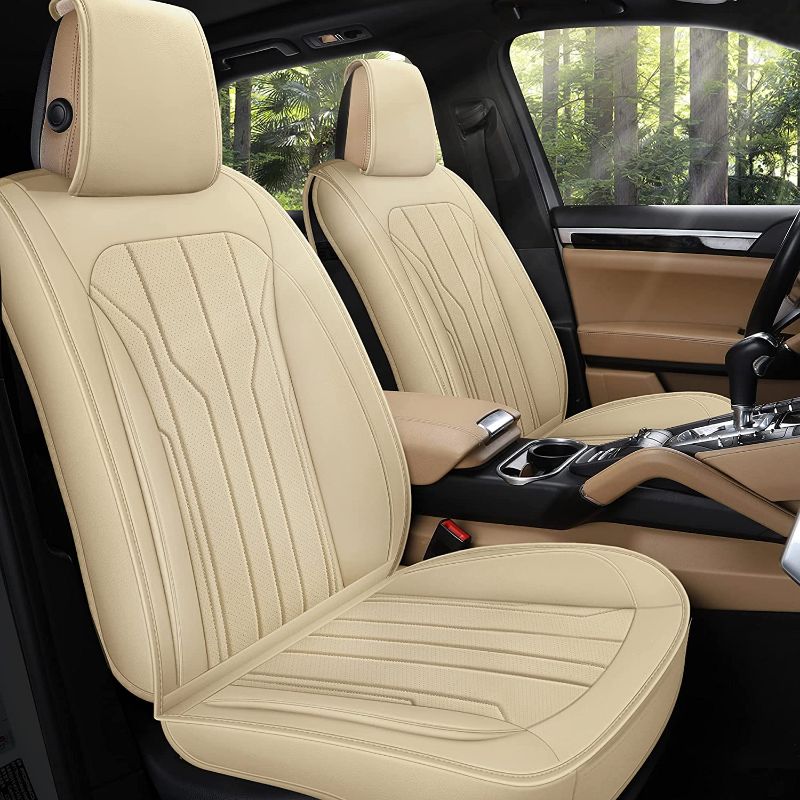 Photo 1 of AOOG Leather Car Seat Covers, Leatherette Automotive Seat Covers for Cars SUV Pick-up Truck, Non-Slip Vehicle Car Seat Covers Universal Fit Set for Auto Interior Accessories, Front Pair, Beige
