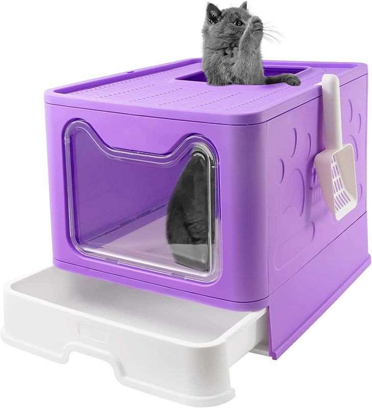 Photo 1 of Bolux Foldable Cat Litter Box with Lid, Extra Large Litter Box with Cat Litter Scoop, Drawer Type Cat Litter Pan Easy to Scoop & Low Tracking
