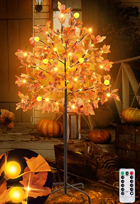 Photo 1 of [ Timer & 8 Modes ] 5 Ft Lighted Fall Maple Tree Fall Decor Remote Control Battery Operated 3D Pumpkin Lights 72 LED Warm Lights Home Party Indoor Outdoor Fall Autumn Thanksgiving Decorations
