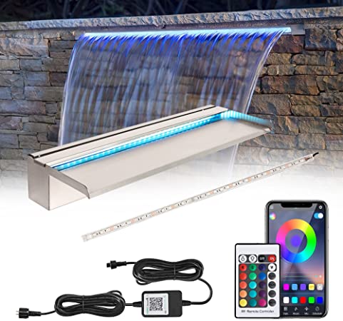 Photo 1 of 24'' APP Control Pool Waterfall with RGB LED Lights, Stainless Steel Pond Fountain Set for Outdoor Decorations, Patio Spillway Kit w/16 Color Changing Remote, Easy Install
