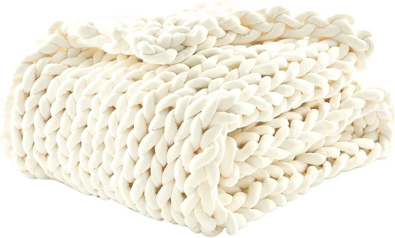 Photo 1 of Chunky Knitted Weighted Blanket, Hand Made Chunky Knit Weighted Throw Blanket for Sleep, Stress or Sofa Bed Boho Home Decor (Beige, 50''x60'' 10 Lbs)
