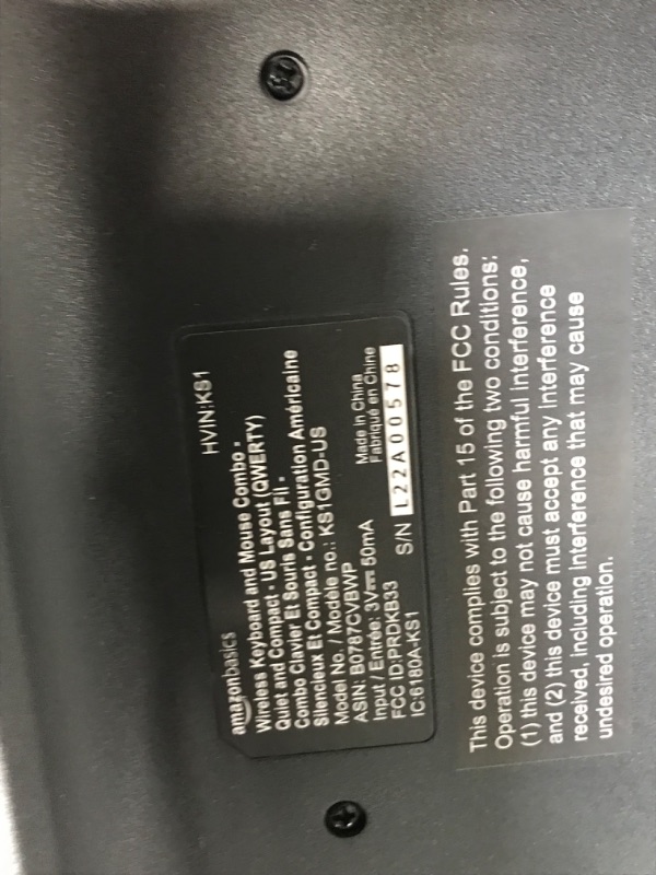 Photo 3 of INCOMPLETE Amazon Basics Wireless Computer Keyboard and Mouse Combo - Quiet and Compact - US Layout (QWERTY)
**MISSING MOUSE, MISSING WIRLESS ADAPTER, WILL NOT FUNCTION WITHOUT ADAPTER**