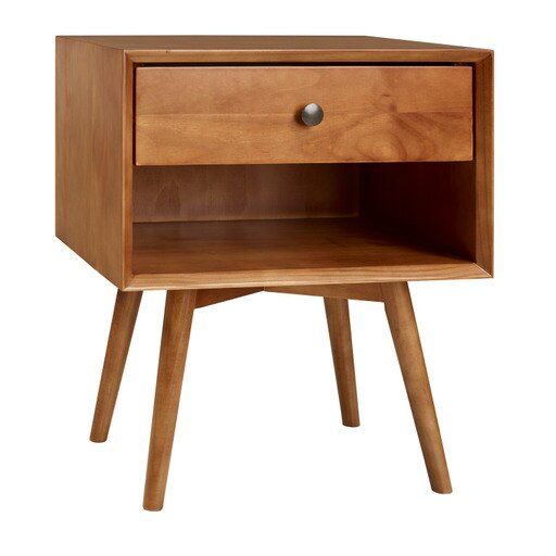 Photo 1 of 2 Walker Edison Furniture BR25MC1DCA Mid-Century 1 Drawer Solid Wood Night Stand, Caramel
