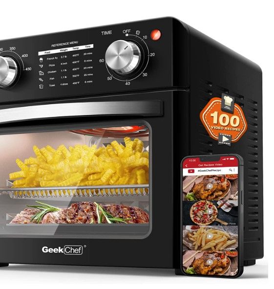 Photo 1 of  TOP OF OVEN IS DENTED  Geek Chef Air Fryer Toaster Oven Combo, 4 Slice Toaster Convection Air Fryer Oven Warm, Broil, Toast, Bake, Air Fry, Oil-Free, Accessories Included (2 Knob 10QT with Video Recipes)
