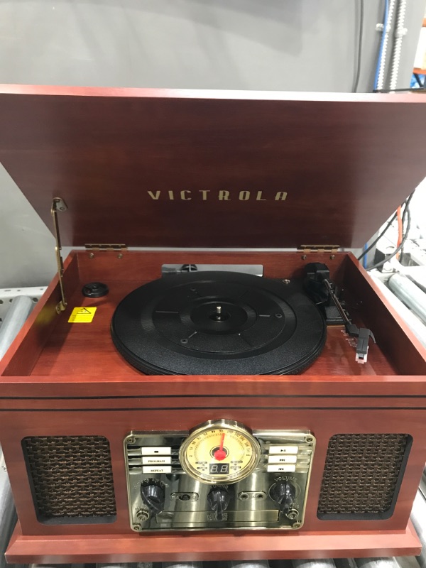 Photo 2 of Victrola Nostalgic 6-in-1 Bluetooth Record Player & Multimedia Center with Built-in Speakers - 3-Speed Turntable, CD & Cassette Player, FM Radio | Wireless Music Streaming | Mahogany Mahogany Entertainment Center