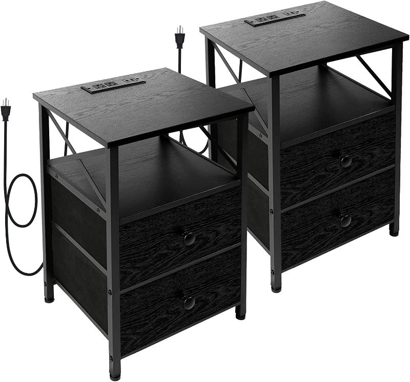 Photo 1 of AMHANCIBLE Black Nightstands Set of 2 with Charging Station, End Tables Living Room with 2 USB Ports and 2 Outlets, Side Tables Bedroom with 2 Drawers
