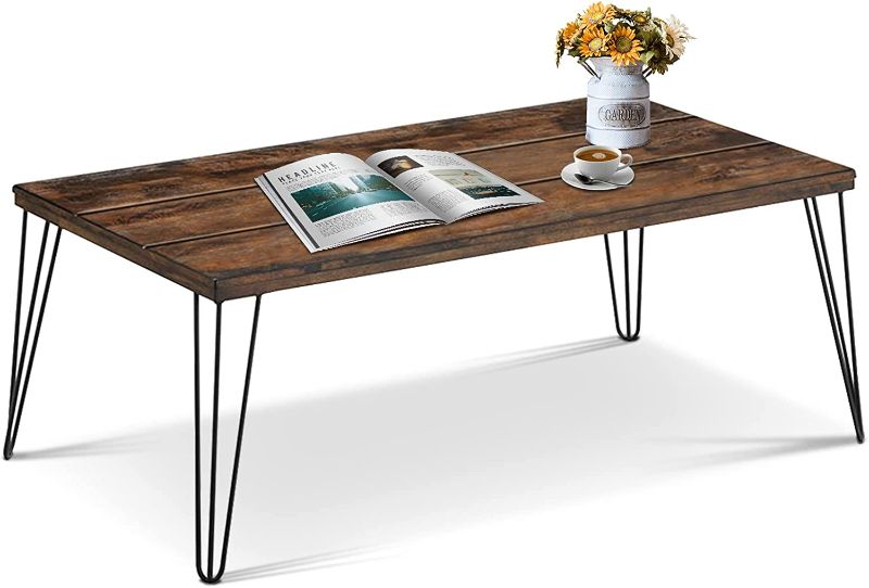 Photo 1 of  Wooden Coffee Table, Rectangular Central Table w/Solid Wood Tabletop & Metal Legs, Industrial Wooden Cocktail Tea Table for Living Room Office Reception Room, Easy Assembly

