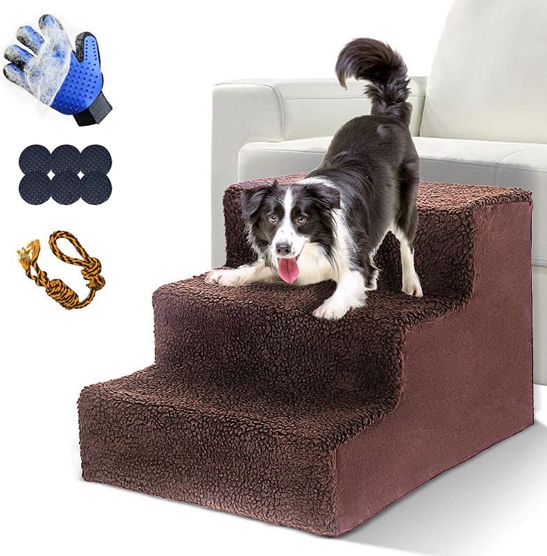 Photo 1 of Kphico Dog Stairs for High Beds,Dog Pet Steps for Small Dogs & Cat,Non-Slip Plastic Pet Stairs,Dog Ramp/Ladder with Removable and Washable Cover,No Tools Required-Send 1 Dog Rope Ball&Pet Gloves
