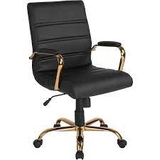 Photo 1 of Whitney Mid-Back Black LeatherSoft Executive Swivel Office Chair with Gold Frame and Arms

