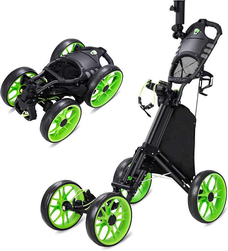 Photo 1 of (Damaged) Golf Push Pull Cart, Foldable 4 Wheel Golf Pull Cart, Collapsible Golf Push Cart with Drink Holder, One Step to Open and Close