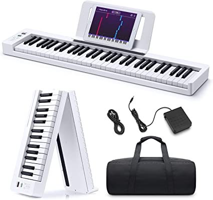 Photo 1 of Donner Folding Piano Keyboard, 61 Keys Sensitive Electric Piano, Portable Beginner Digital Piano Foldable Keyboard with Music Rest, Piano Bag, Piano Pedal, Piano APP, DP-06 White
