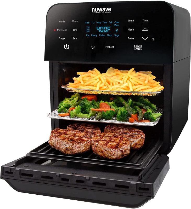 Photo 1 of NUWAVE Brio Air Fryer Smart Oven, 15.5-Qt X-Large Family Size, Countertop Convection Rotisserie Grill Combo, SS Rotisserie Basket & Skewer Kit, Reversible Ultra Non-Stick Grill Griddle Plate Included