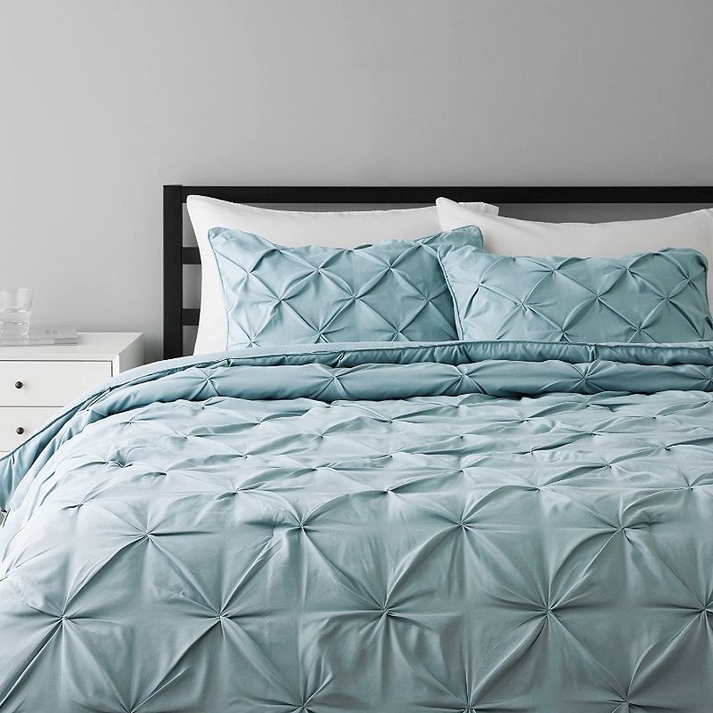 Photo 1 of Amazon Basics Pinch Pleat All-Season Down-Alternative Comforter Bedding Set - Full / Queen, Spa Blue
