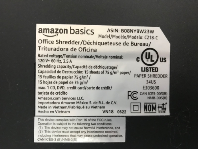 Photo 4 of (Damaged) Amazon Basics 15-Sheet Cross Cut Paper Shredder and Credit Card CD Shredder with 6 Gallon Bin
