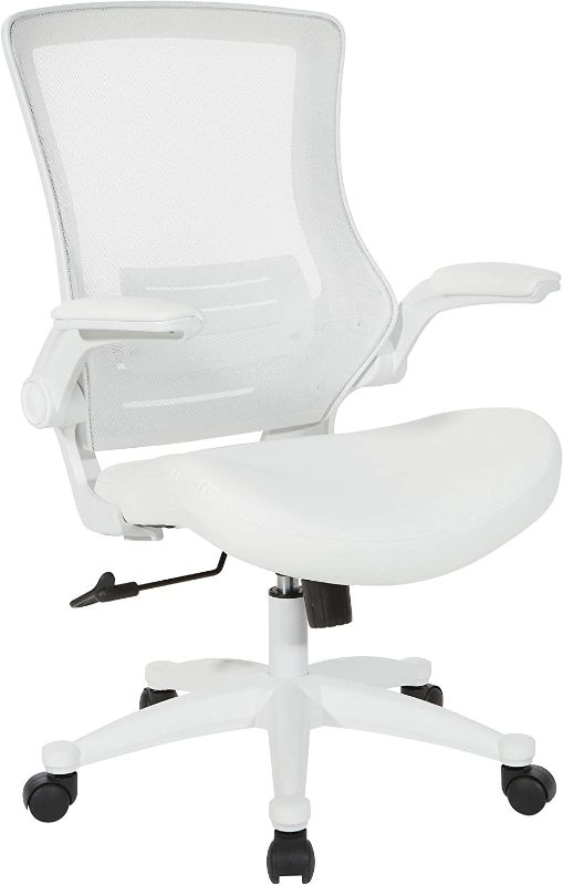 Photo 1 of Office Star White Screen Back Manager's Office Chair with Padded Color Flip Arms with White Nylon Base, White Faux Leather
