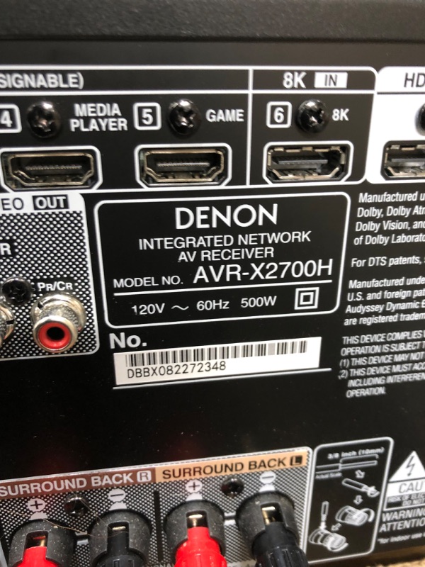 Photo 3 of *MISSING power cord, UNABLE to test*
Denon AVR-X2700H 8K Ultra HD 7.2 Channel (95 Watt X 7) AV Receiver 2020 Model - Built for Gaming, Music Streaming, 3D Audio & Video, Alexa + HEOS
