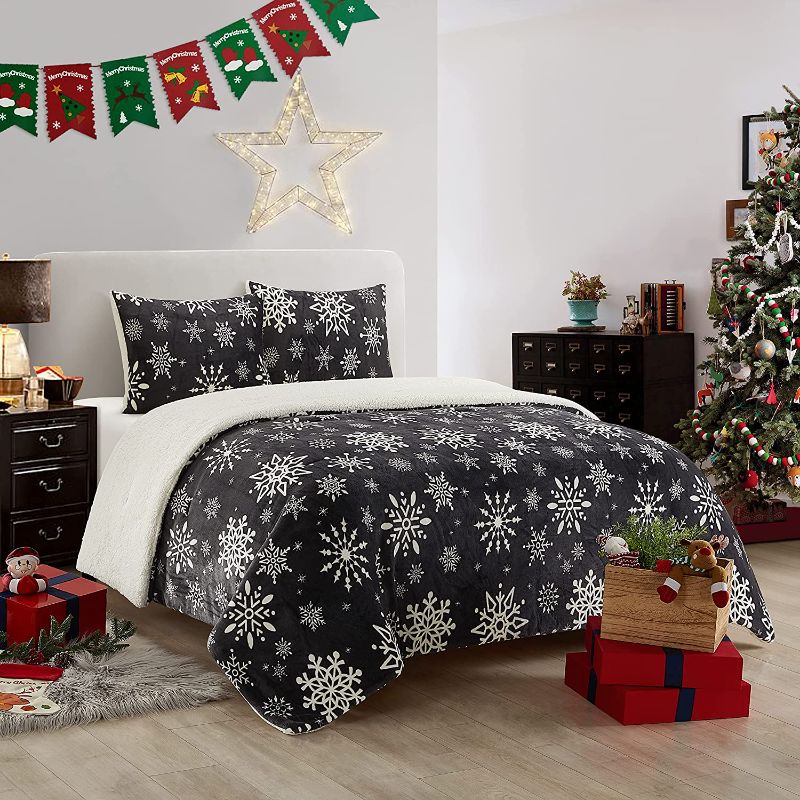 Photo 1 of Grand Avenue Flakes Sherpa Comforter Set King with Pillow Shams, Cozy Christmas Style 3 Pieces Grey White Bed Set, Premium Quality King(104 in x 90 in)
