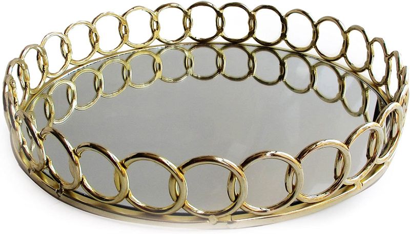 Photo 1 of American Atelier Looped Round Tray Decorative Beautiful Mirror Valet Catchall for Jewelry, Perfume, Toiletries or Makeup, Ideal for Dresser, Vanity, Table, Bathroom & More, Gold 15"L x 15"W x 3.5"H

