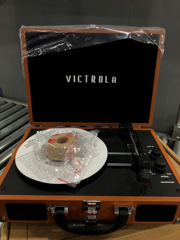 Photo 4 of Victrola Vintage 3-Speed Bluetooth Portable Suitcase Record Player with Built-in Speakers, Upgraded Turntable Audio Sound, Cognac 13.9 x 10.1 x 5 inches
