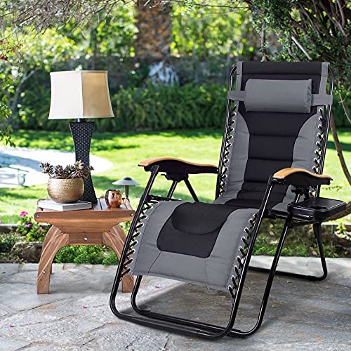 Photo 1 of HERA'S PALACE Padded Zero Gravity Lawn Chair, Folding Reclining Lounge Chair with Pillow and Cup Holder for Indoor, Outdoor, Backyard, Support 300lbs GREY 65"D x 21"W x 30.7"H
