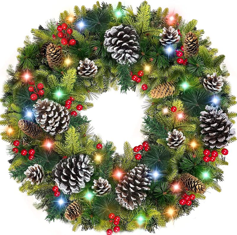 Photo 1 of 30 Inch Super Large Thick Prelit Christmas Wreath Decoration Realistic Feel 80 Colorful Lights Timer 280 Tips Giant 17 Pinecone 60 Red Berry Battery Operated Front Door Xmas Decor Indoor Outdoor Home
