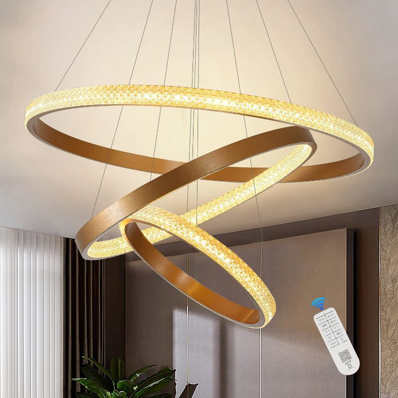 Photo 1 of 3-Rings D31.5’’ Modern Crystal LED Chandelier Gold Dimmable Circular Pendant Light with Remote 80W Adjustable Hanging Light Fixture for Living Dining Room Bedroom Foyer