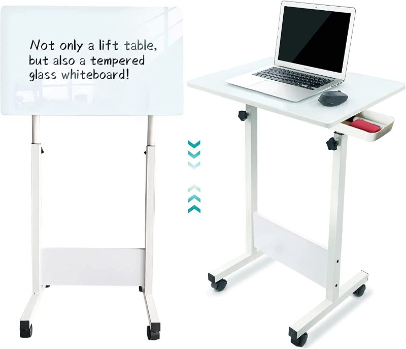 Photo 1 of KOUPA Writing Standing Desk, Writable Tempered Glass Desktop with Eraser, Adjustable Small Desk, 360° Flip Up and Down at Will with Wheels, 24 x 16 in, White?Adjustable Height: 32-47 in?
