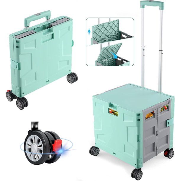 Photo 1 of Folding Utility Cart Portable Rolling Crate Hand Truck Teacher Cart with Heavy Duty Plastic Telescoping Handle Collapsible Hidden Lid Swivel Wheels for Travel Shopping Moving Office Use(Green Gray)
