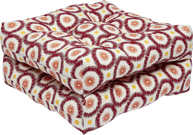 Photo 1 of Amazon Basics Tufted Outdoor Patio Square Seat Cushion 19 x 19 x 5 Inches, Red Orange Geo - Pack of 2
