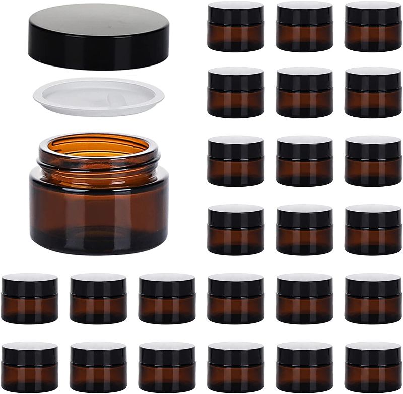 Photo 1 of 1oz Glass Jar with Lid, Hoa Kinh 30Pack Amber Round Containers Cosmetic Glass Jars with Inner Liners and Black Lids Travel Jars for Storing Lip and Body Scrub, Lotion, Body Butter, Bath Salts, Liquid
