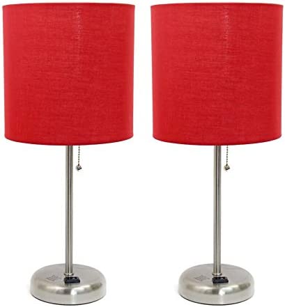 Photo 1 of Limelights LC2001-RED-2PK Brushed Steel Stick Table Lamp with Charging Outlet & Fabric Shade44; Red - Set of 2
