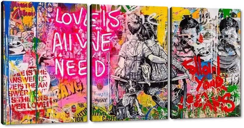 Photo 1 of 
Banksy Street Classic Graffiti Wall Art, Love is All We Need Inspirational Quote Poster Picture Art Print on Canvas, Pop Painting for Living Room Bedroom 3...
Color:Style_17
Size:24" x 36" x 3Panels