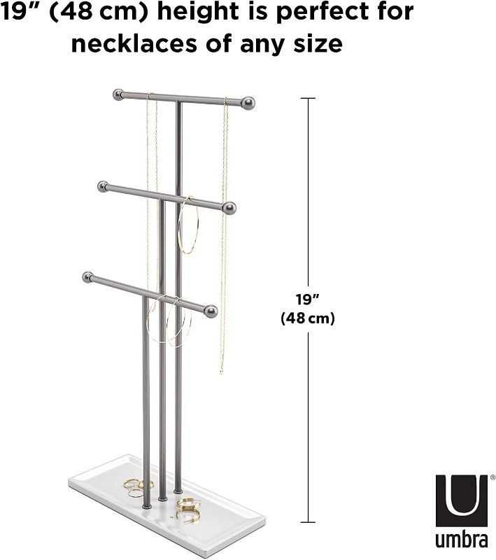 Photo 1 of 
Umbra Trigem Hanging Jewelry Organizer Tiered Tabletop Free Standing Necklace Holder Display, 3, White/Nickel