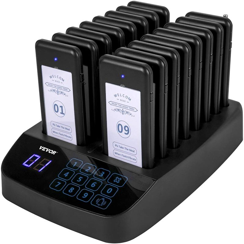 Photo 1 of VEVOR F101 Restaurant Pager System 16 Pagers, Max 98 Beepers Wireless Calling System, Touch Keyboard with Vibration, Flashing and Buzzer for Church, Nurse,Hospital & Hotel
