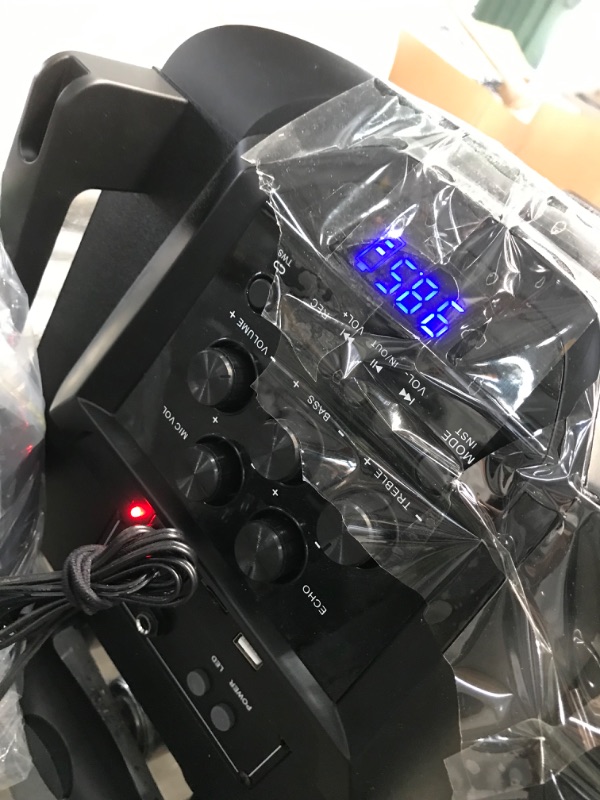 Photo 2 of Moukey Karaoke Machine, PA System Subwoofer, Portable Bluetooth Speaker w/ 2 Wireless Microphones, Lyrics Display Holder, Party Lights & Echo/Treble/Bass Adjustment, Support TWS/REC/AUX/MP3/USB/TF/FM
