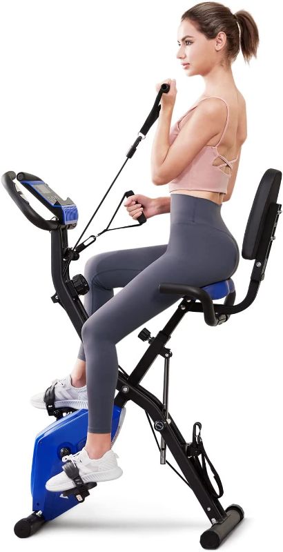 Photo 1 of **parts only!! Exercise Bike Foldable Stationary Exercise Bikes for Home, WHTOR Indoor Cycling Bike 3 in 1 Fitness Bike with Pulse Sensor and 16 Level Adjustable Magnetic Upright Workout Bike with Arm and Leg Resistance Band
