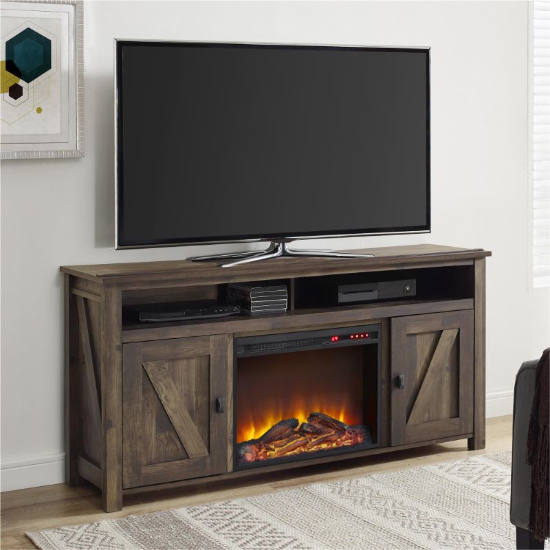 Photo 1 of Ameriwood Home Rustic TV Console with Fan-forced Electric Fireplace for TVs up to 60-in
 The console includes a remote-controlled 23” electric fireplace insert 