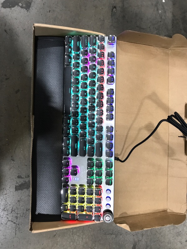 Photo 1 of Fiodio Mechanical Gaming Keyboard with Blue Switches, Removable Hand Rest, LED Rainbow Gaming Backlit, Quick-Response 104 Anti-ghosting Keys, Multimedia Control for PC and Desktop Computer