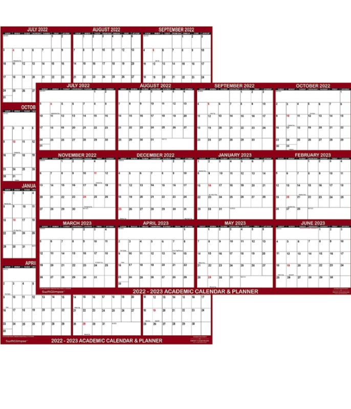 Photo 1 of 24" x 36" SwiftGlimpse 2022-2023 Academic Wall Calendar, Erasable, Large, Wet & Dry Erase Laminated, Reversible, Yearly Planner, JULY 2022 to JUNE 2023 ONLY