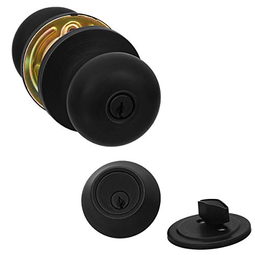 Photo 1 of Amazon Basics Exterior Door Knob with Lock and Deadbolt, Round, Matte Black
