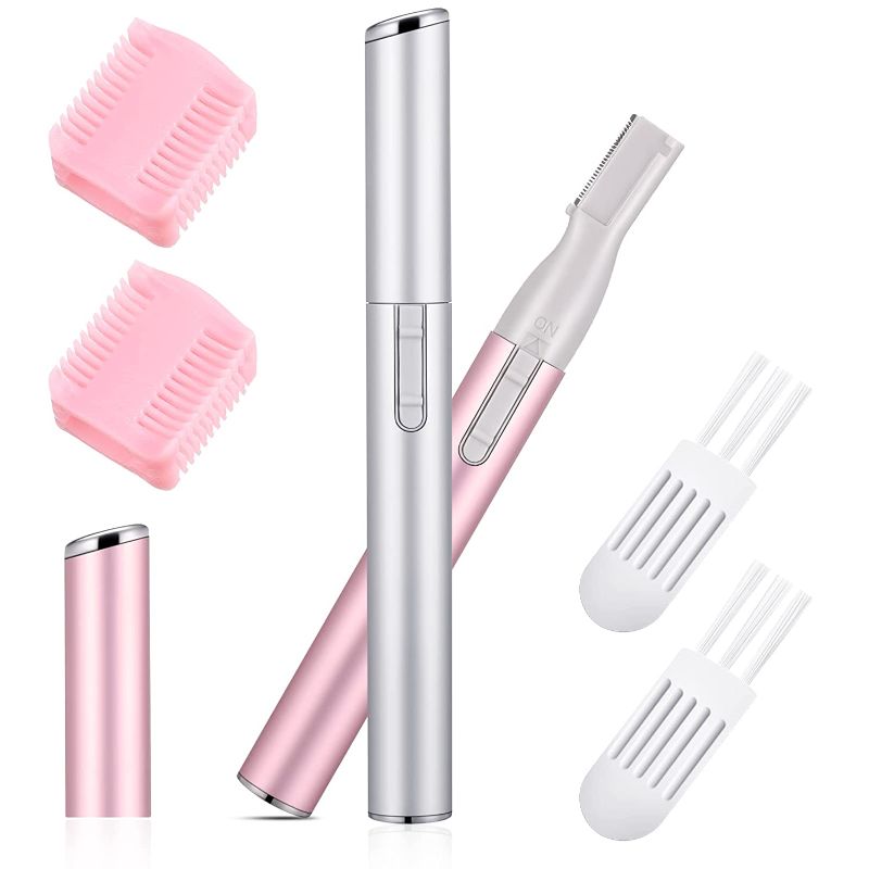Photo 1 of 2 Pieces Electric Eyebrow Trimmer Women Precision Face Razors Mini Shaver Battery Operated Small Facial Hair Remover with Comb Personal Epilator for Face Neck Fuzz Lips Body Arms Leg (Pink, Silver)
