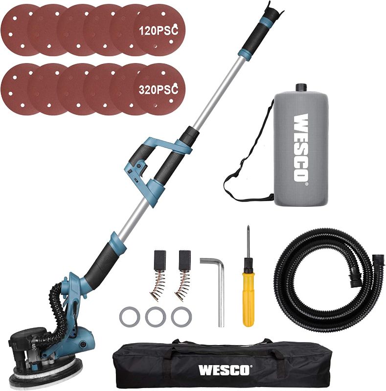 Photo 1 of **MISSING PARTS** Drywall Sander, WESCO 6.5-Amp Electric Drywall Sander with Automatic Vacuum System, 6 Variable Speed, Extendable Aluminum Handle, LED Light, Dust Hose, 12-Piece Sanding Discs
