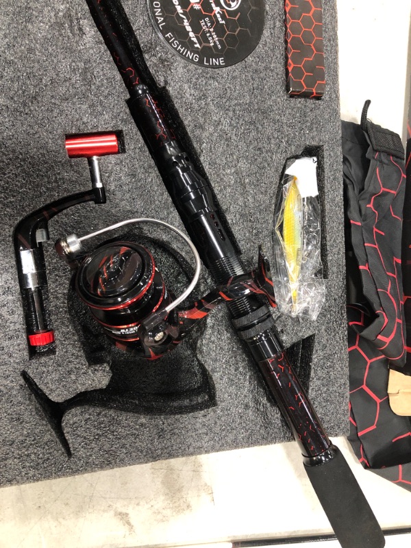 Photo 2 of *DAMAGE TO ROD** Fishing Rod and Reel Combos, Unique Design with X-Warping Painting, Carbon Fiber Telescopic Fishing Rod with Reel Combo Kit with Tackle Box, Best Gift for Fishing Beginner and Angler (210 Rod) Red Full Kit 2.1M 7.02FT