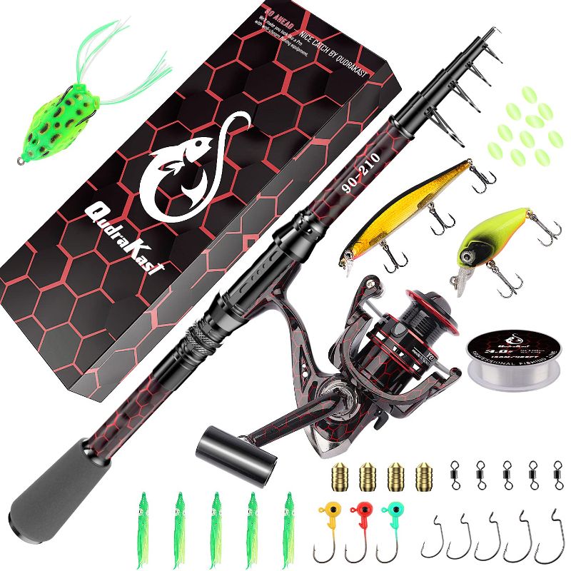 Photo 1 of *DAMAGE TO ROD** Fishing Rod and Reel Combos, Unique Design with X-Warping Painting, Carbon Fiber Telescopic Fishing Rod with Reel Combo Kit with Tackle Box, Best Gift for Fishing Beginner and Angler (210 Rod) Red Full Kit 2.1M 7.02FT
