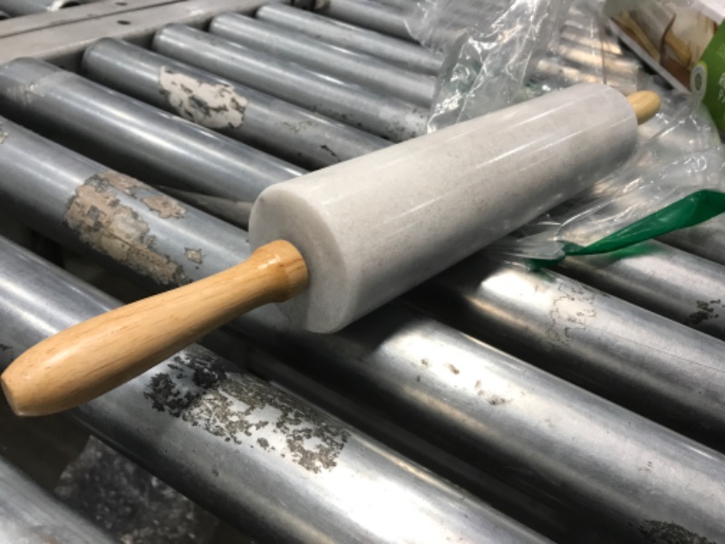 Photo 2 of **DAMAGED** Fox Run Polished Marble Rolling Pin with Wooden Cradle, 10-Inch Barrel, White