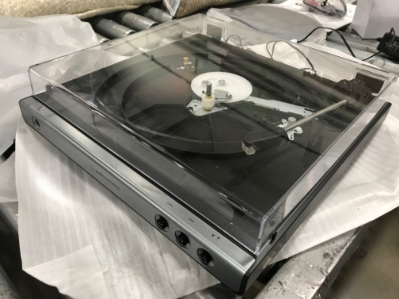 Photo 2 of **NON FUNCTIONAL NEEDS REPAIR** Audio-Technica AT-LP60X-GM Fully Automatic Belt-Drive Stereo Turntable, Gunmetal/Black, Hi-Fi, 2 Speed, Dust Cover, Anti-Resonance, Die-Cast Aluminum Platter