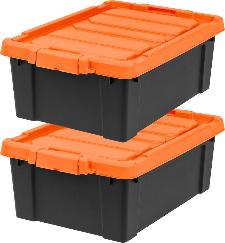 Photo 1 of IRIS USA 11 Gallon Heavy-Duty Plastic Storage Bins, Store-It-All Container Totes with Durable Lid and Secure Latching Buckles, Garage and Metal Rack Organizing, Black/Orange, 2 Pack
