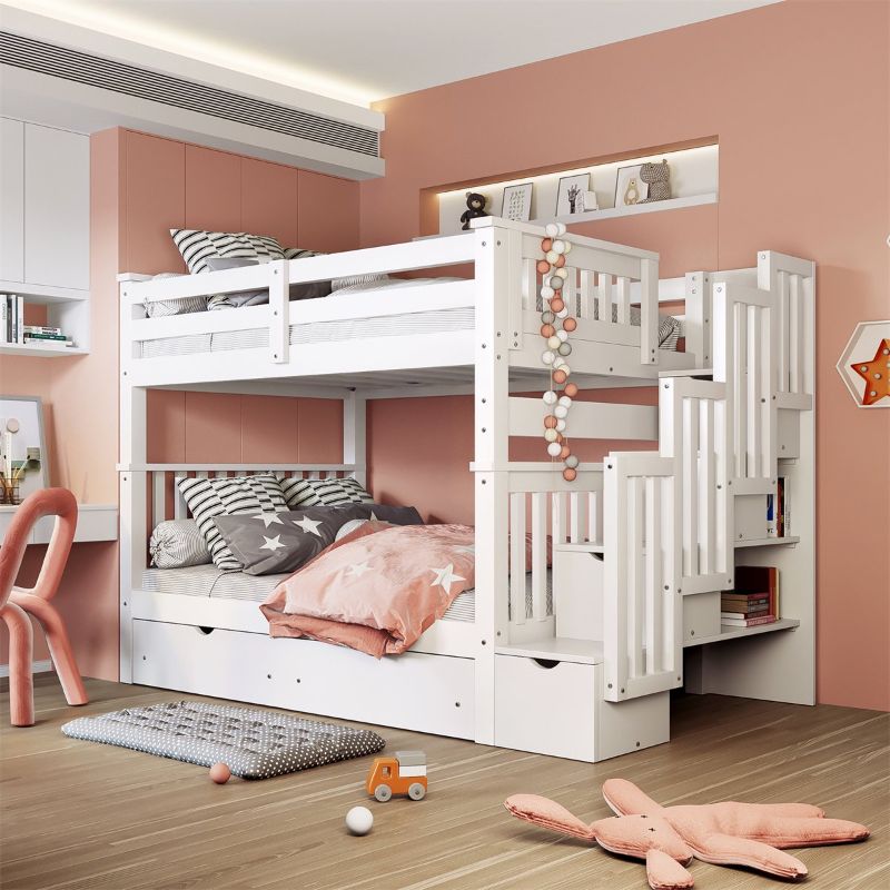 Photo 1 of ***MISSING OTHER BOXES*** Full Over Full Bunk Bed with Shelves and 6 Storage Drawers, Convertible Bunk Bed with Stair and Guardrail for Bedroom, Wooden Bed Frame for Toddlers Kids Teens, Can be Divided into Two Beds, White
